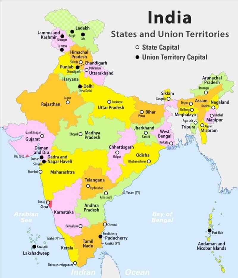 Names of the Indian States and Capitals in Map
