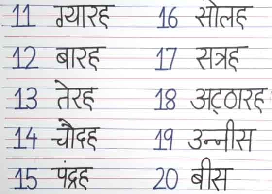 11 to 20 counting in Hindi
