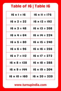 Read more about the article Table of 16 | Table 16 Multiplication till 100